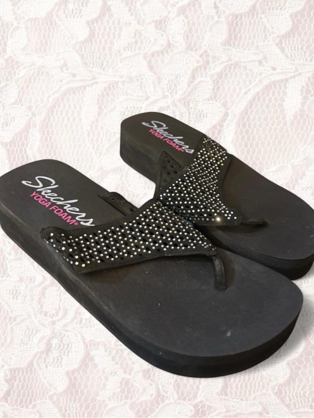 Skechers Black Rhinestone Yoga Foam Flip Flop Sandals
